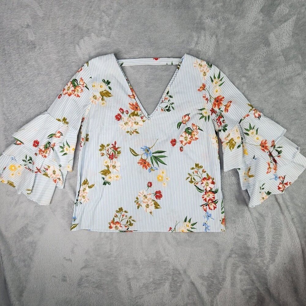 St Tropez West Women Top M Floral Blue Stripe V Neck Ruffle 3/4 Sleeve Tropical
